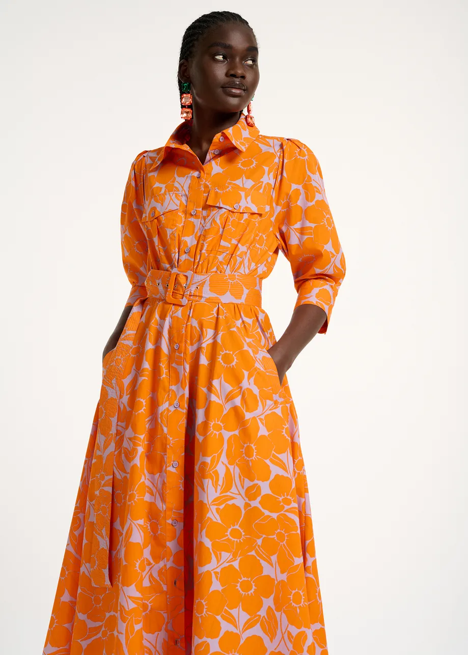 Midi-hemdjurk met oranje en lila bloemenprint