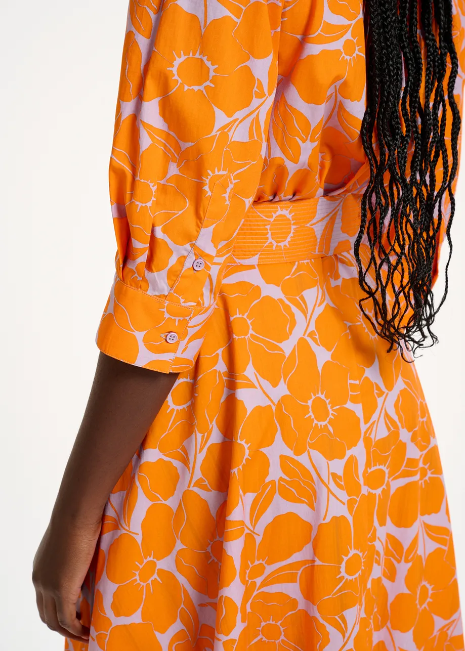 Midi-hemdjurk met oranje en lila bloemenprint