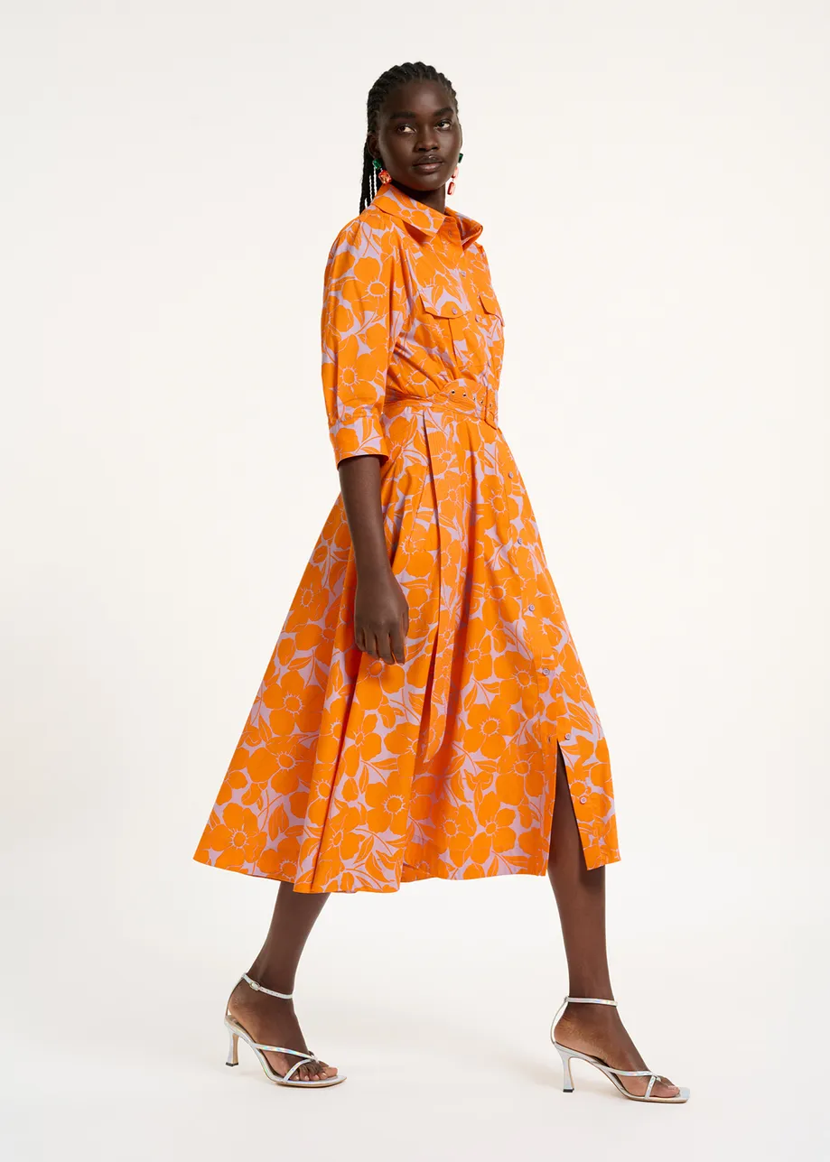 Midi-hemdjurk met oranje en lila bloemenprint