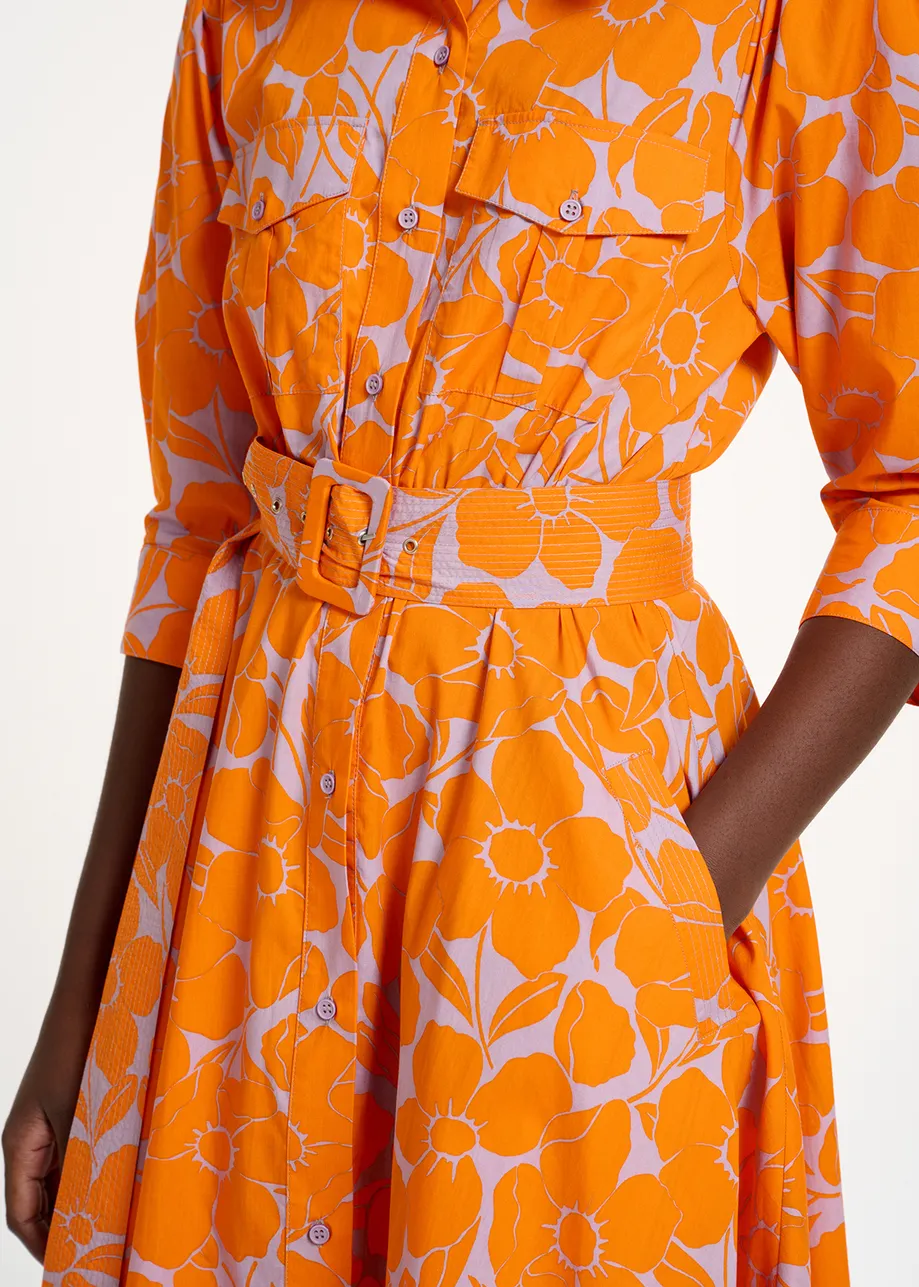 Midi-hemdjurk met oranje en lila bloemenprint