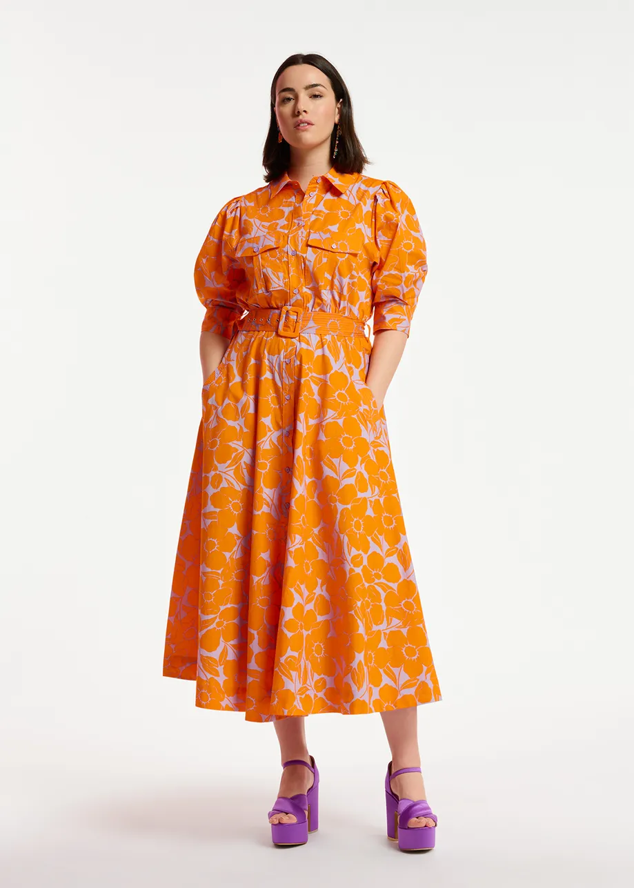 Midi-hemdjurk met oranje en lila bloemenprint