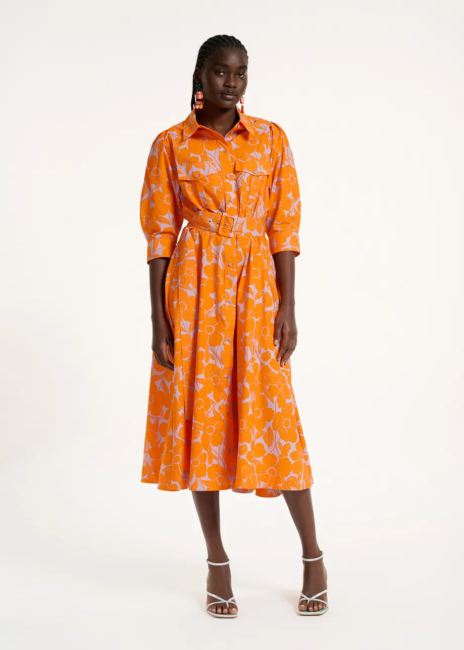 Midi-hemdjurk met oranje en lila bloemenprint