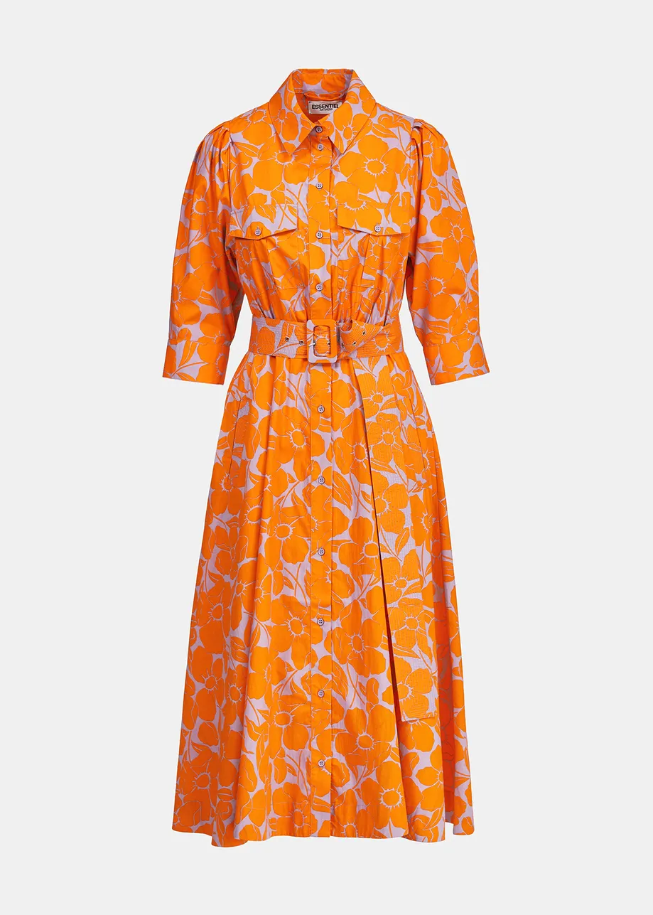 Midi-hemdjurk met oranje en lila bloemenprint