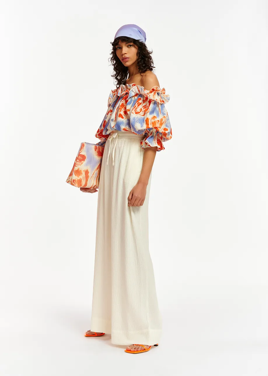 Off-white wide-leg seersucker pants