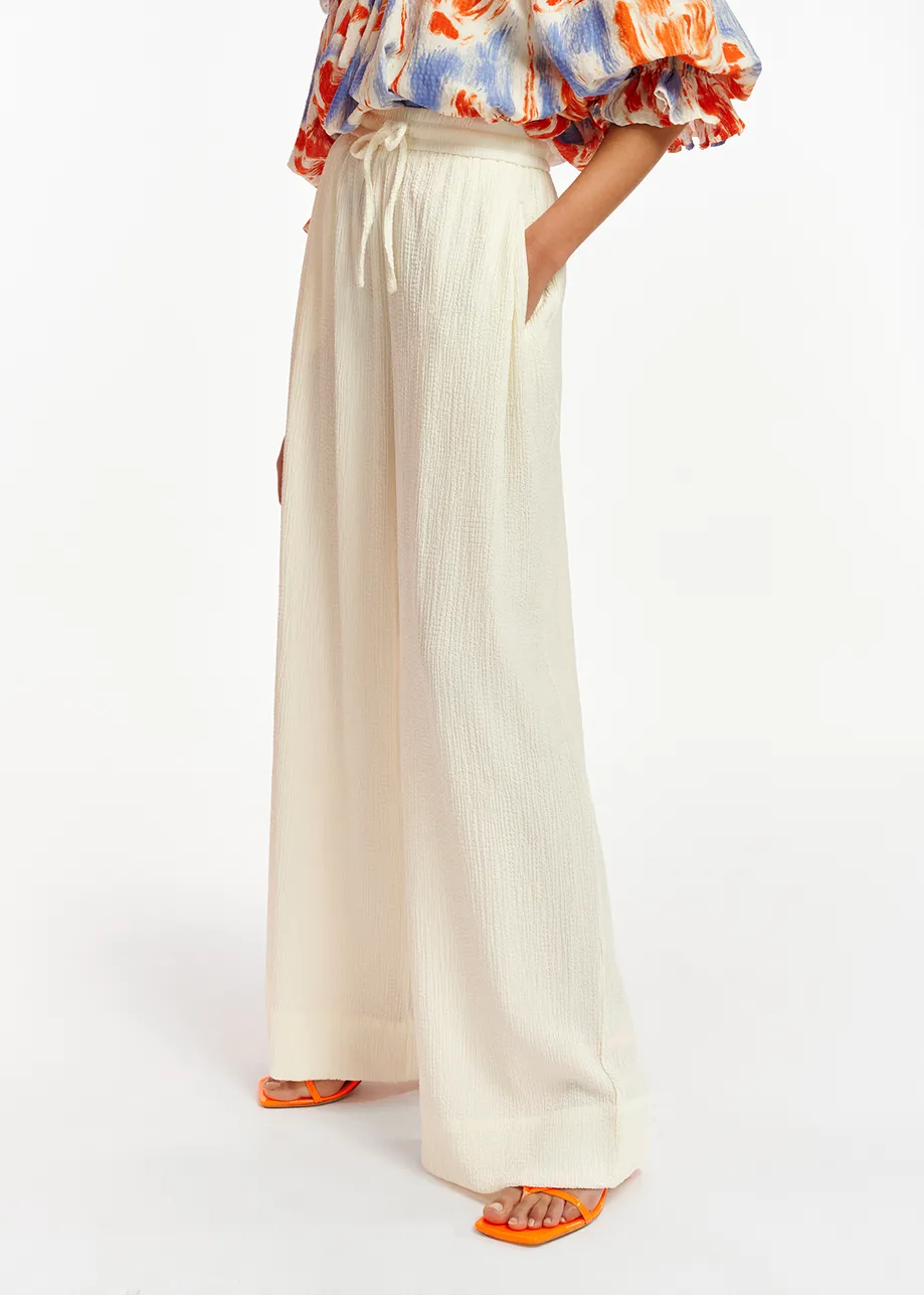 Off-white wide-leg seersucker pants