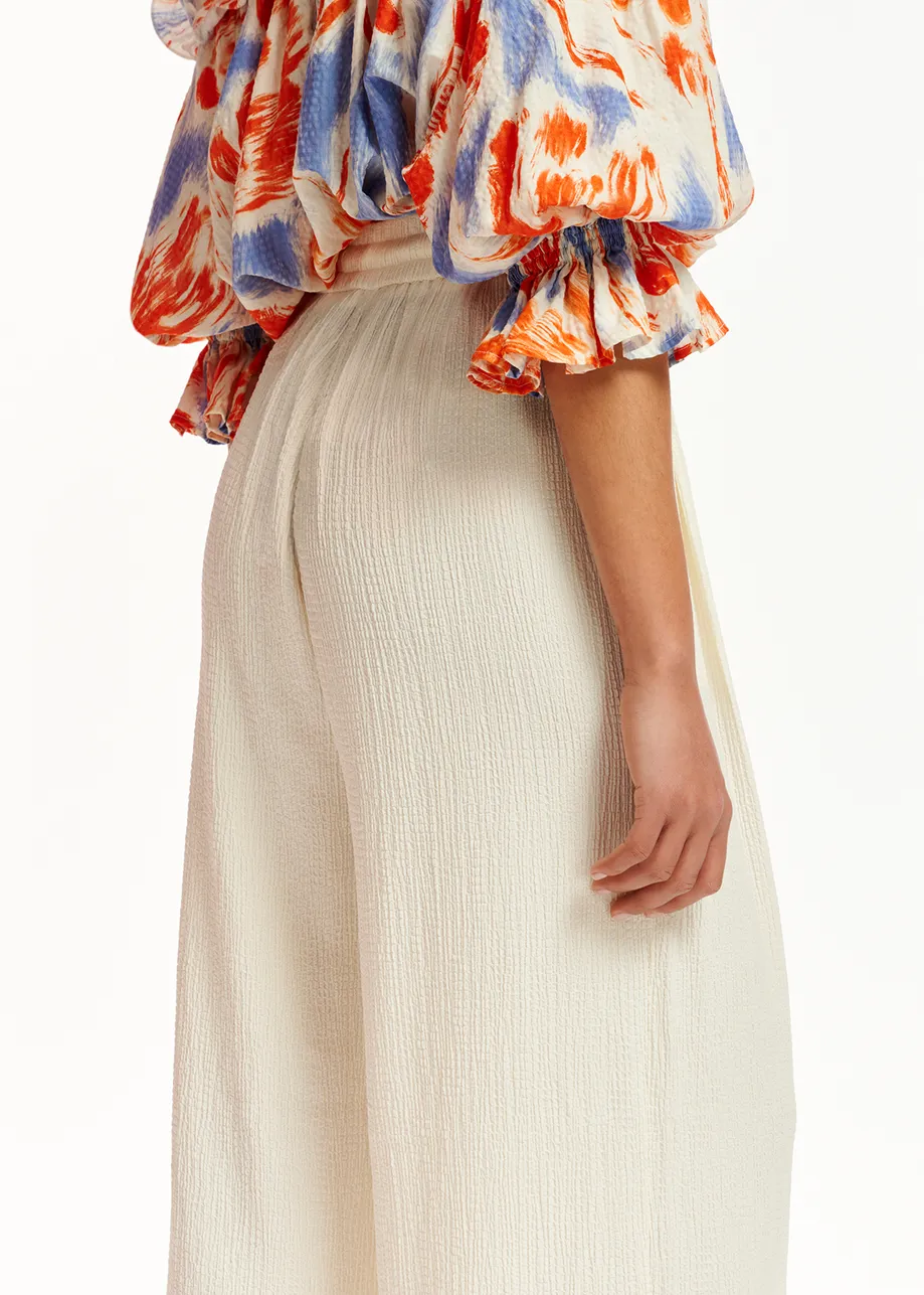 Off-white wide-leg seersucker pants