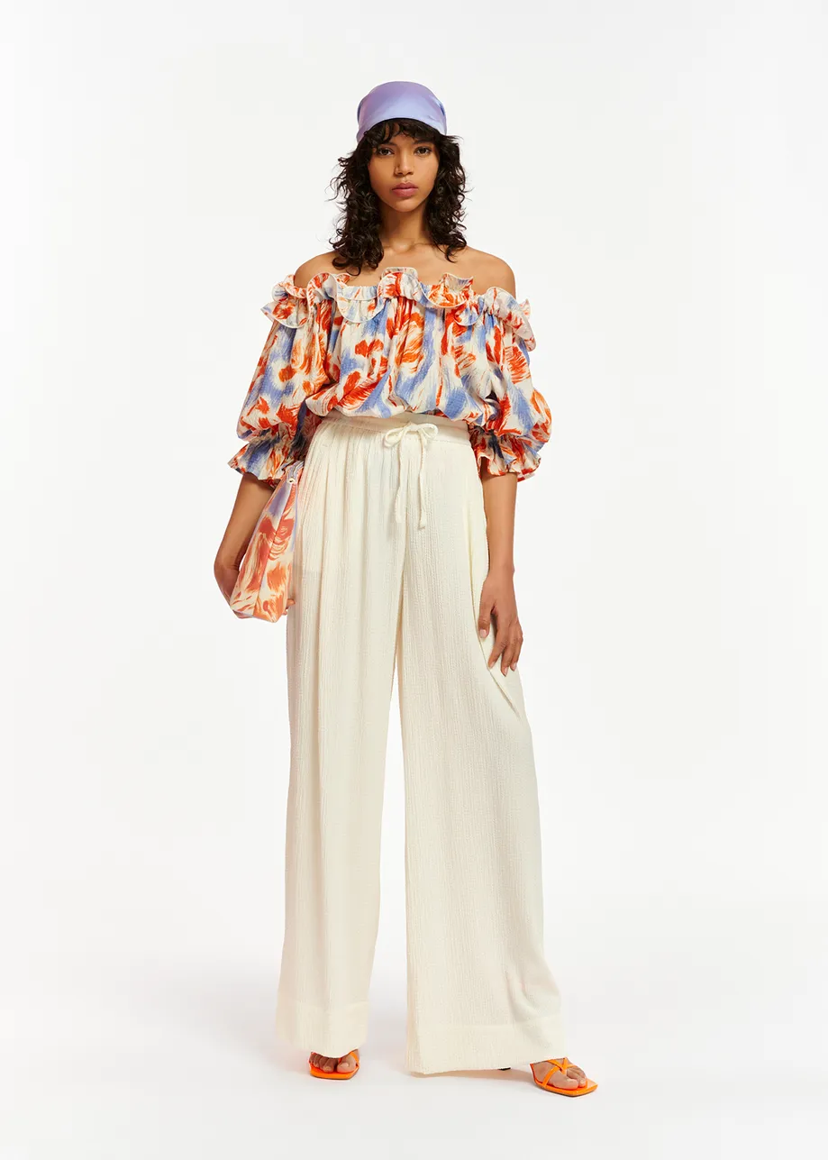 Off-white wide-leg seersucker pants
