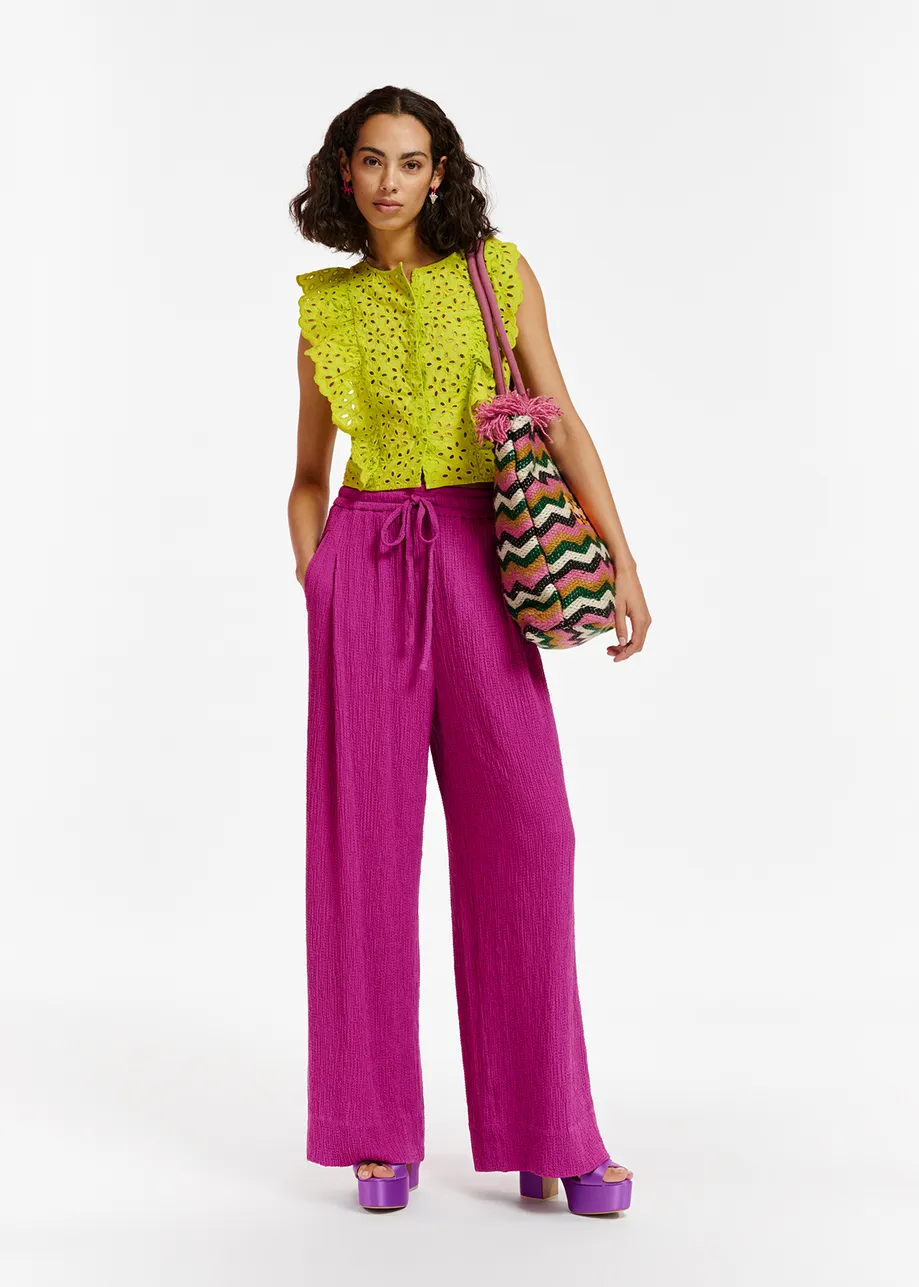 Purple wide-leg seersucker pants