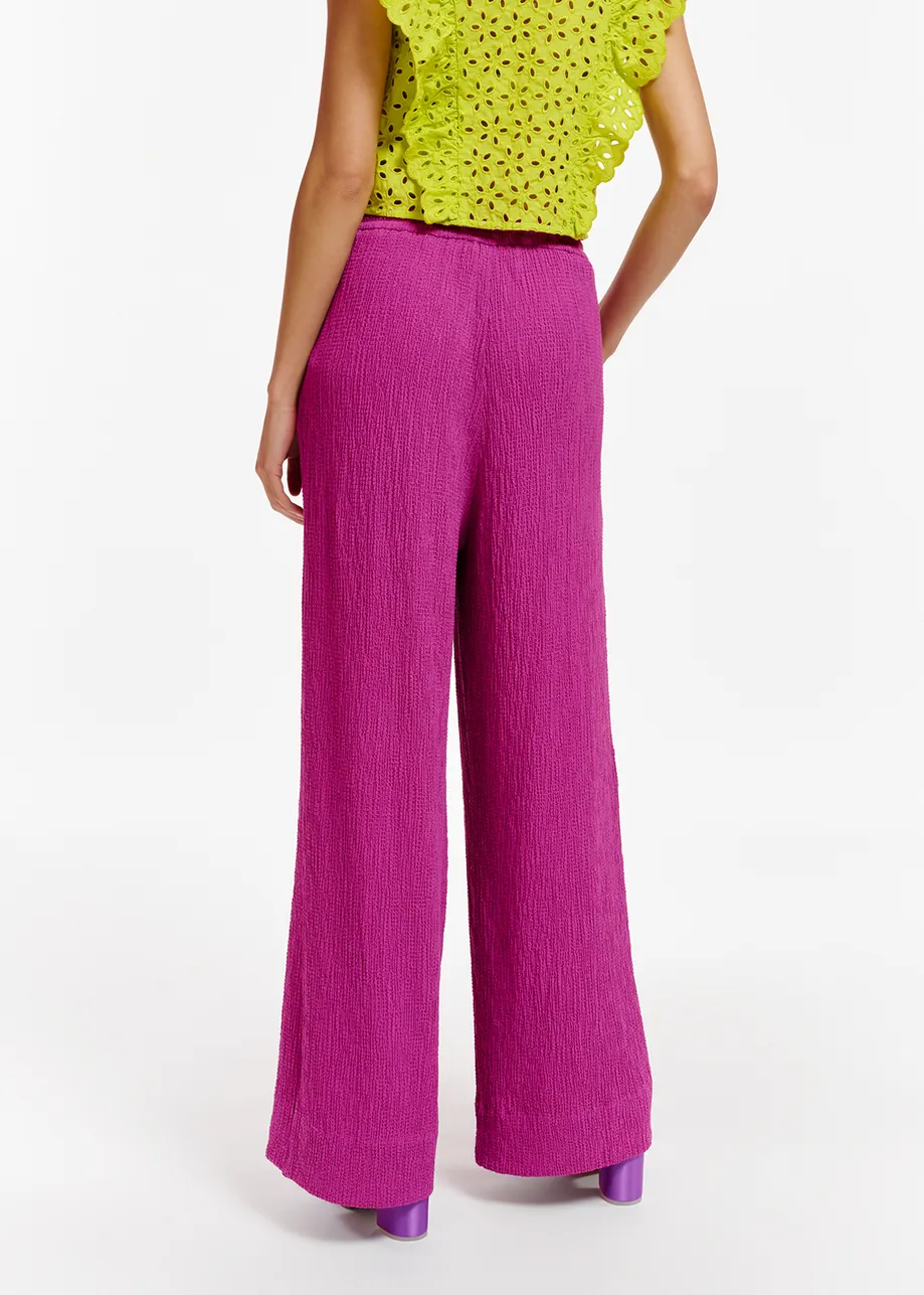 Purple wide-leg seersucker pants