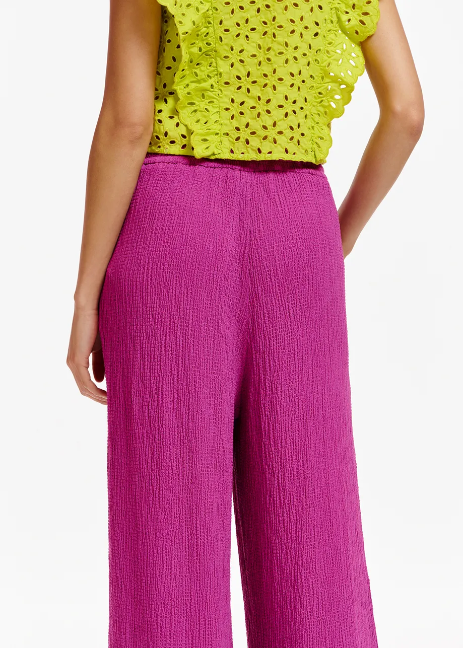 Purple wide-leg seersucker pants
