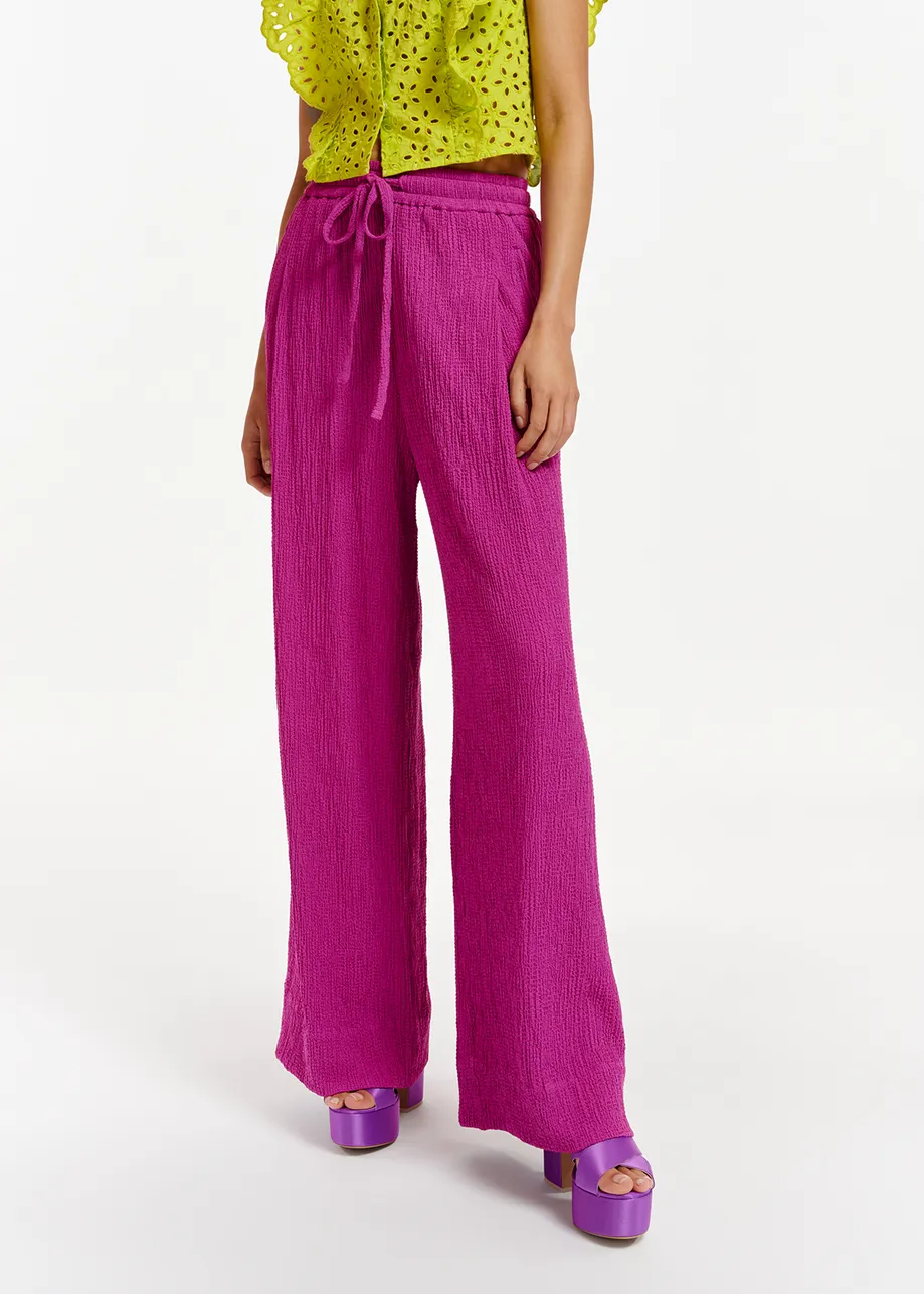 Purple wide-leg seersucker pants