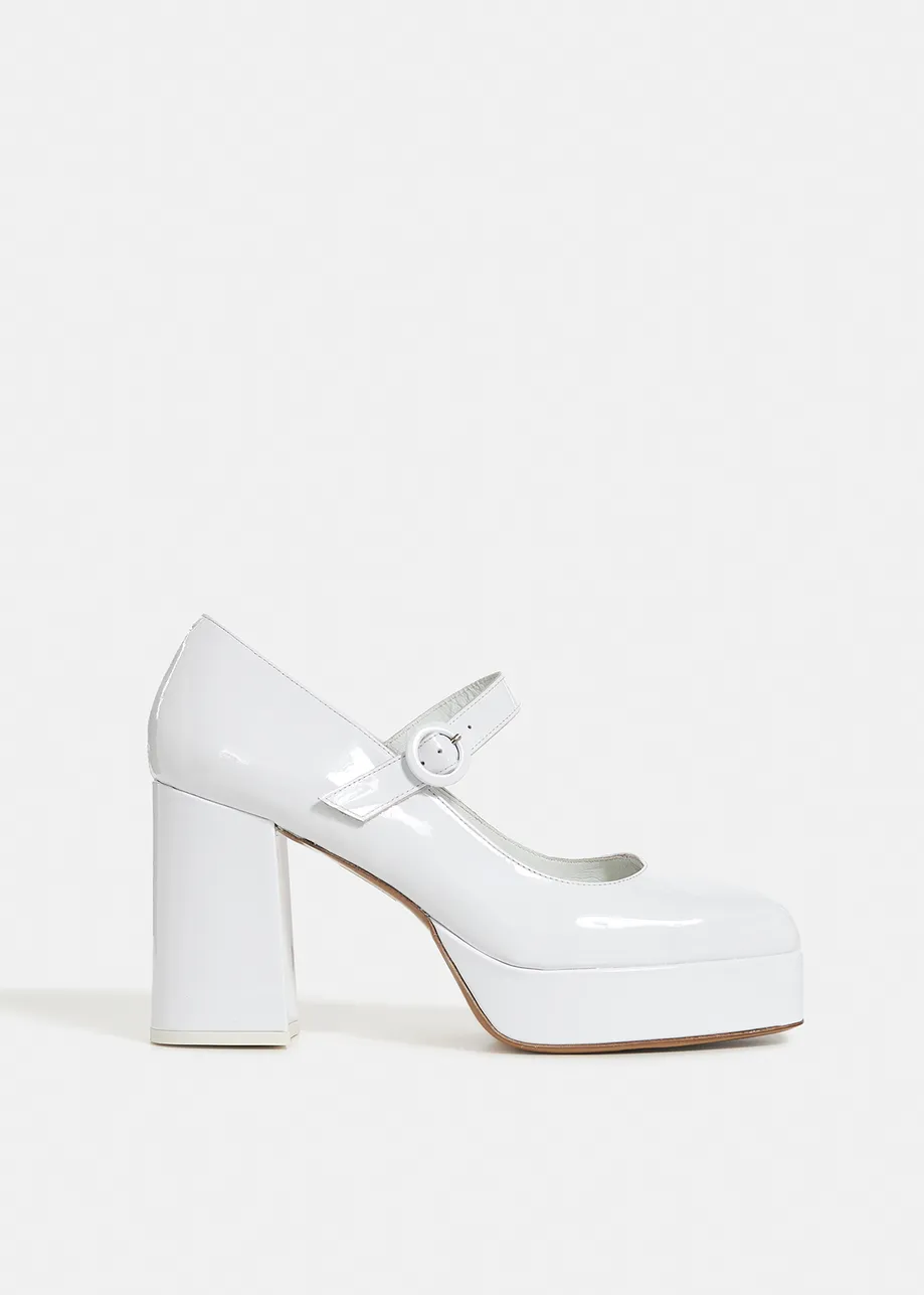 White patent-leather platform pumps