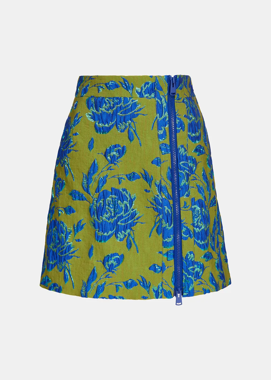 Dark green and blue floral-jacquard mini skirt