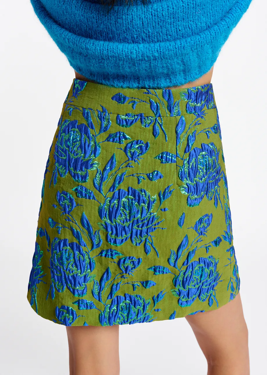Dark green and blue floral-jacquard mini skirt