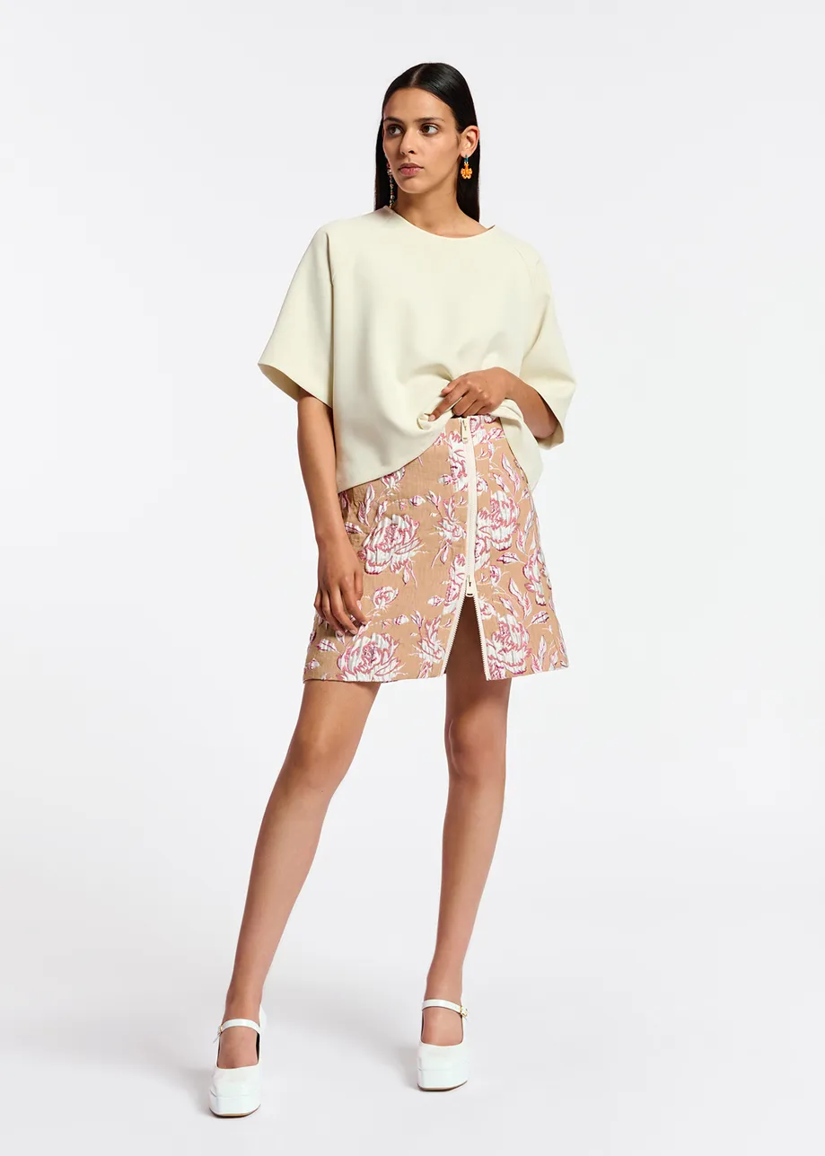Beige, pink and white floral-jacquard mini skirt
