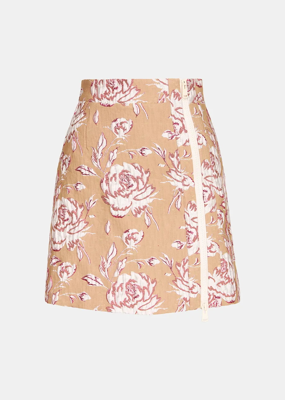 Beige, pink and white floral-jacquard mini skirt