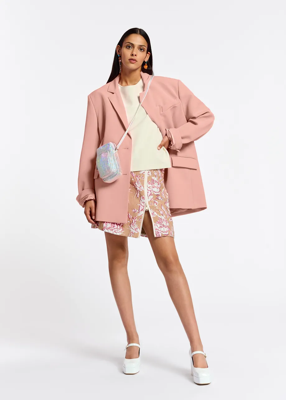 Beige, pink and white floral-jacquard mini skirt
