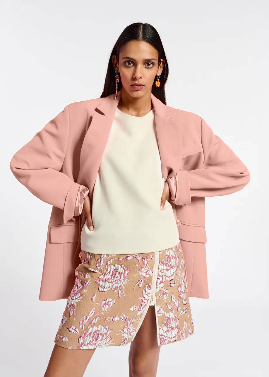 Beige, pink and white floral-jacquard mini skirt