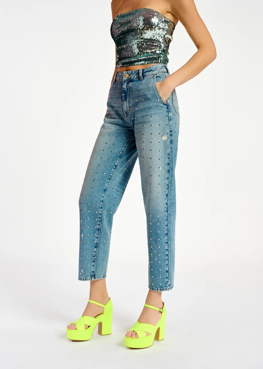 Blue stud-embellished boyfriend jeans