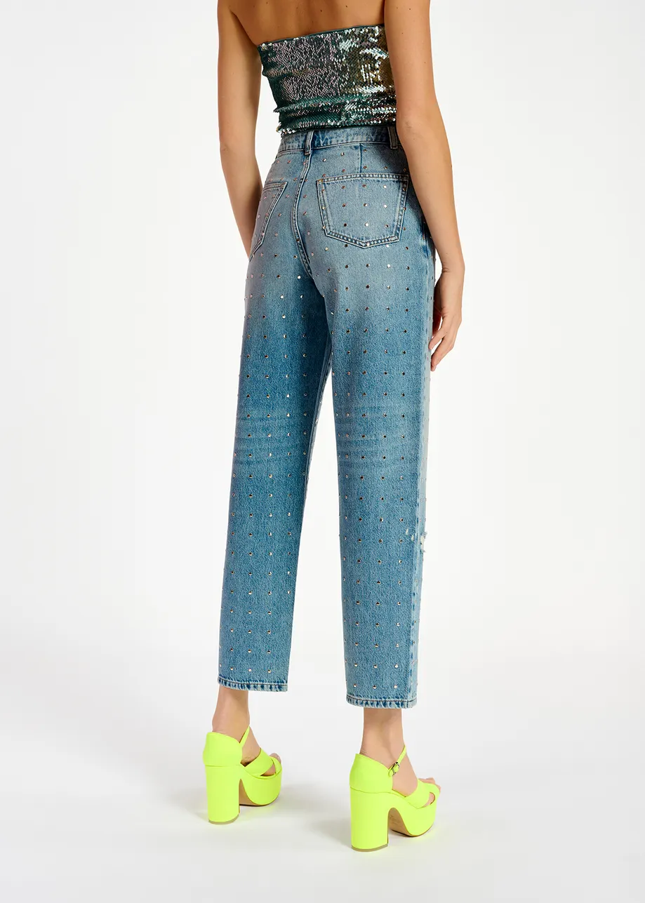 Blue stud-embellished boyfriend jeans