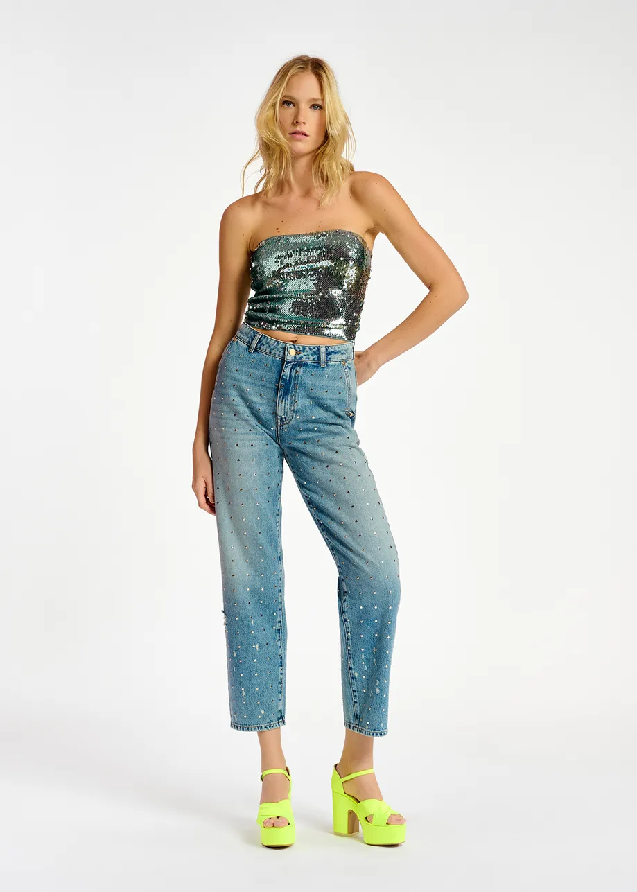 Blue stud-embellished boyfriend jeans