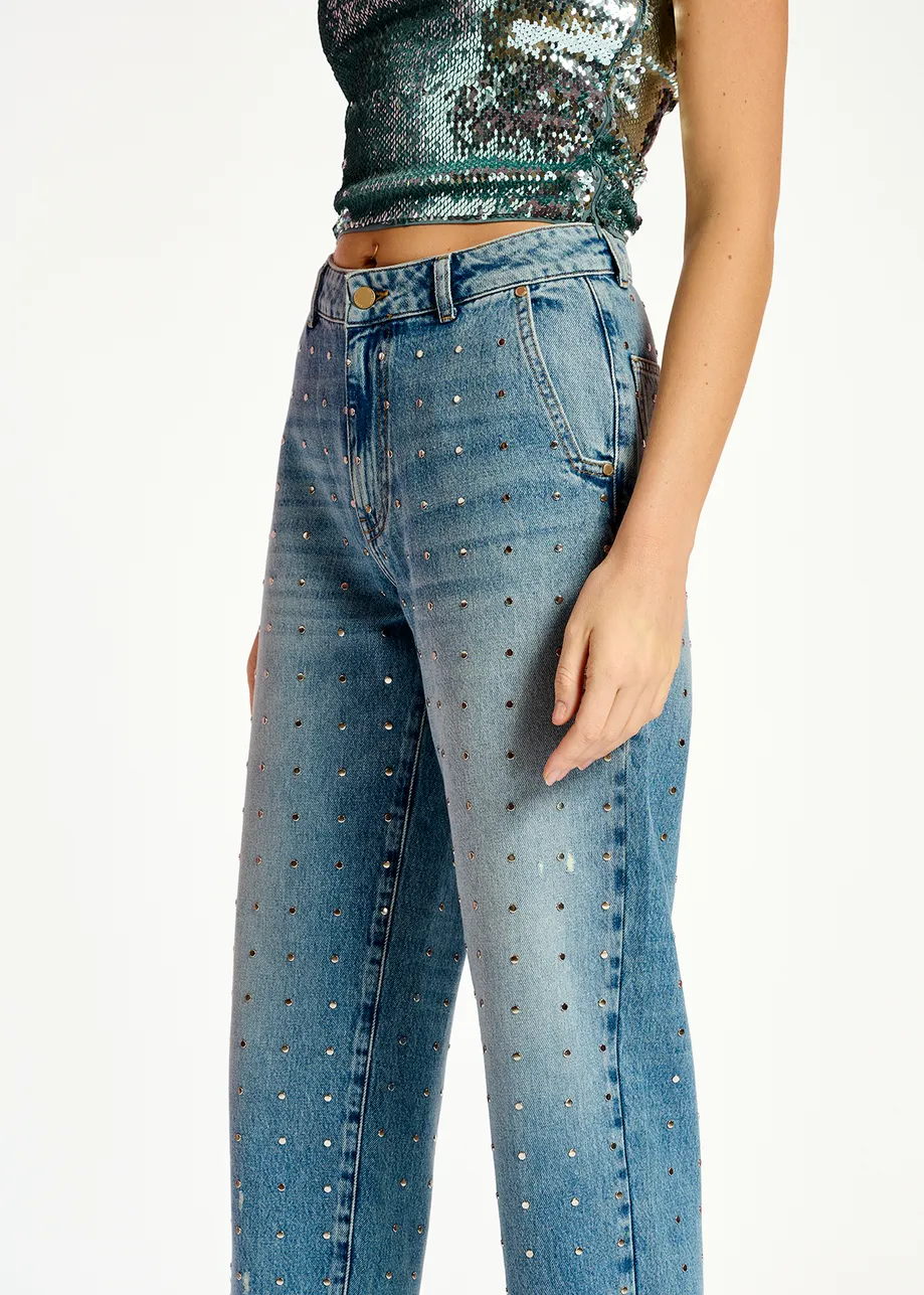 Blue stud-embellished boyfriend jeans