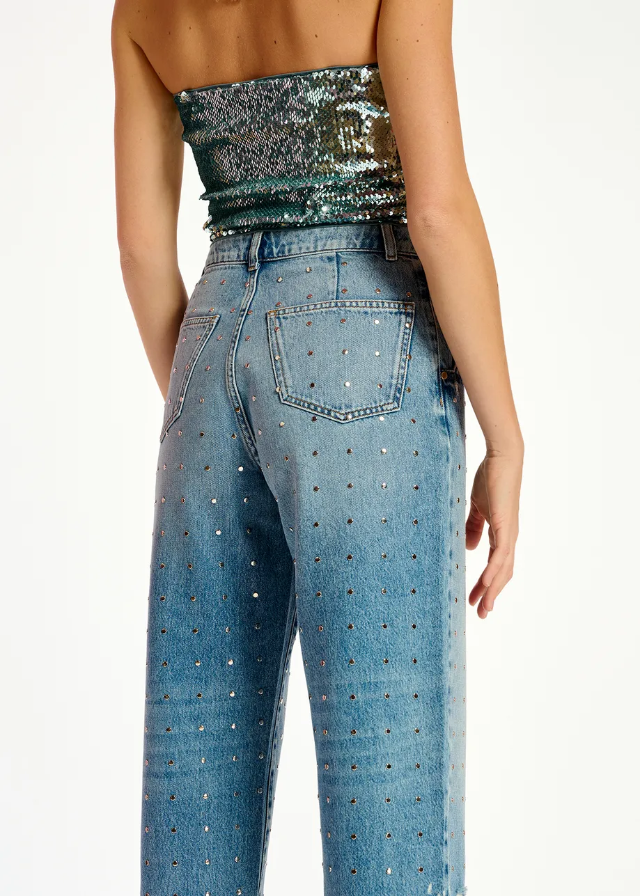 Blue stud-embellished boyfriend jeans