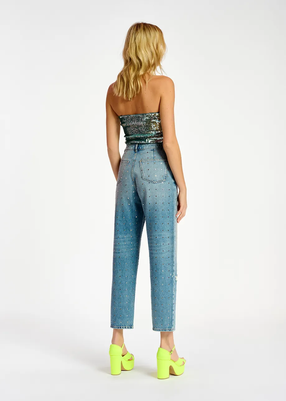 Blue stud-embellished boyfriend jeans