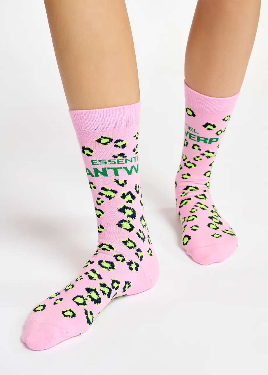 Pink and neon yellow leopard-motif socks