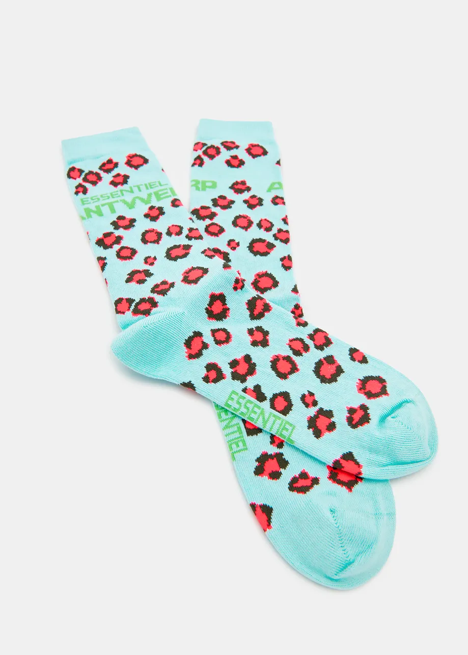 Blue and neon pink leopard-motif socks