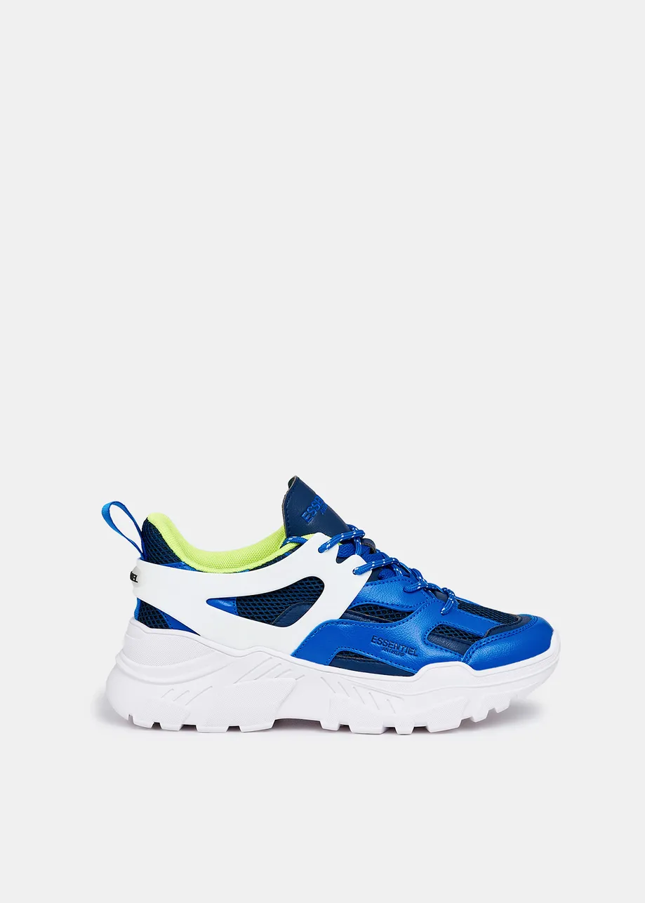 Dark blue and white sneakers set on chunky soles