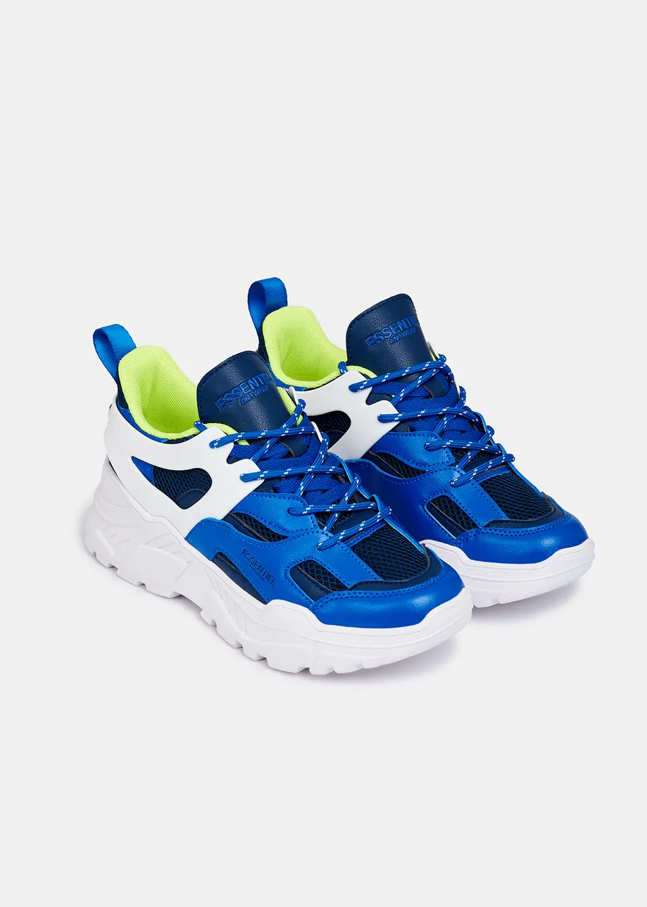 Dark blue and white sneakers set on chunky soles