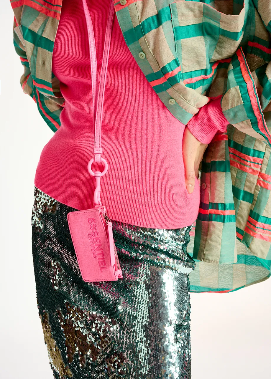Neon pink cardholder with strap