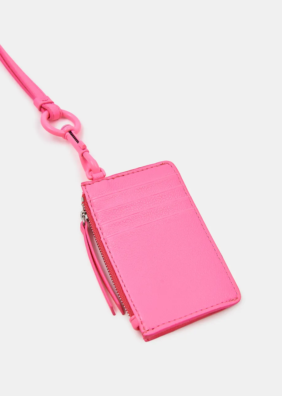 Porte-carte rose fluo avec bandoulière