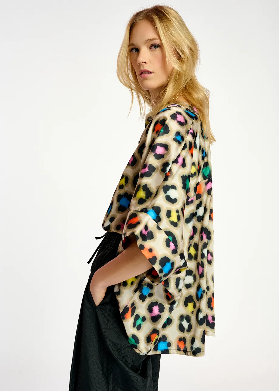 Beige oversized shirt with multicolor leopard print