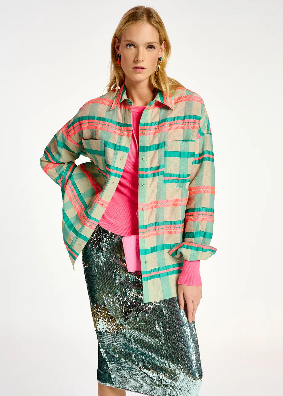 Light blue, turquoise and neon pink oversized shirt with check motif
