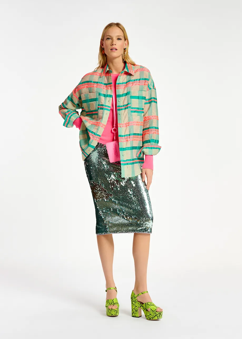 Light blue, turquoise and neon pink oversized shirt with check motif