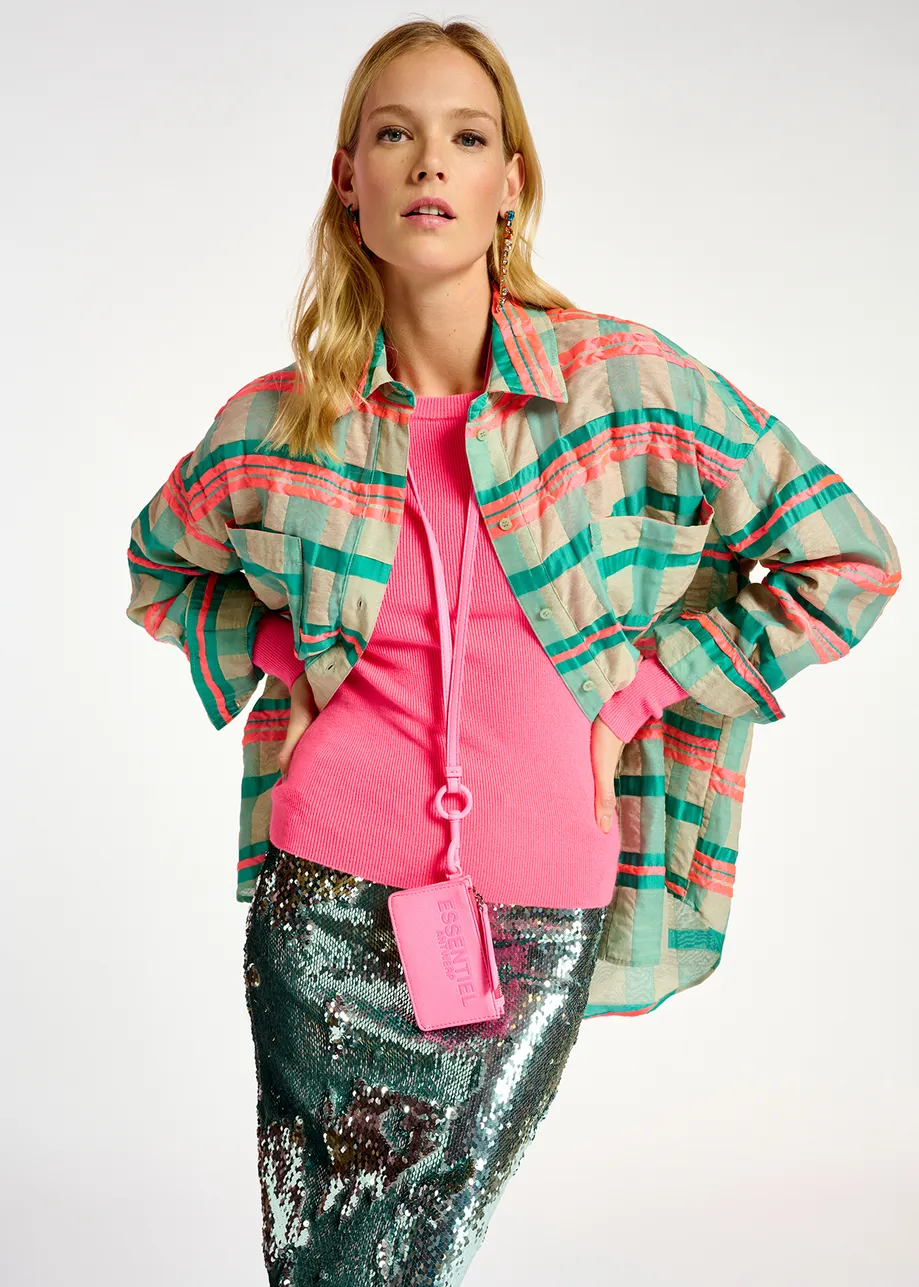 Light blue, turquoise and neon pink oversized shirt with check motif