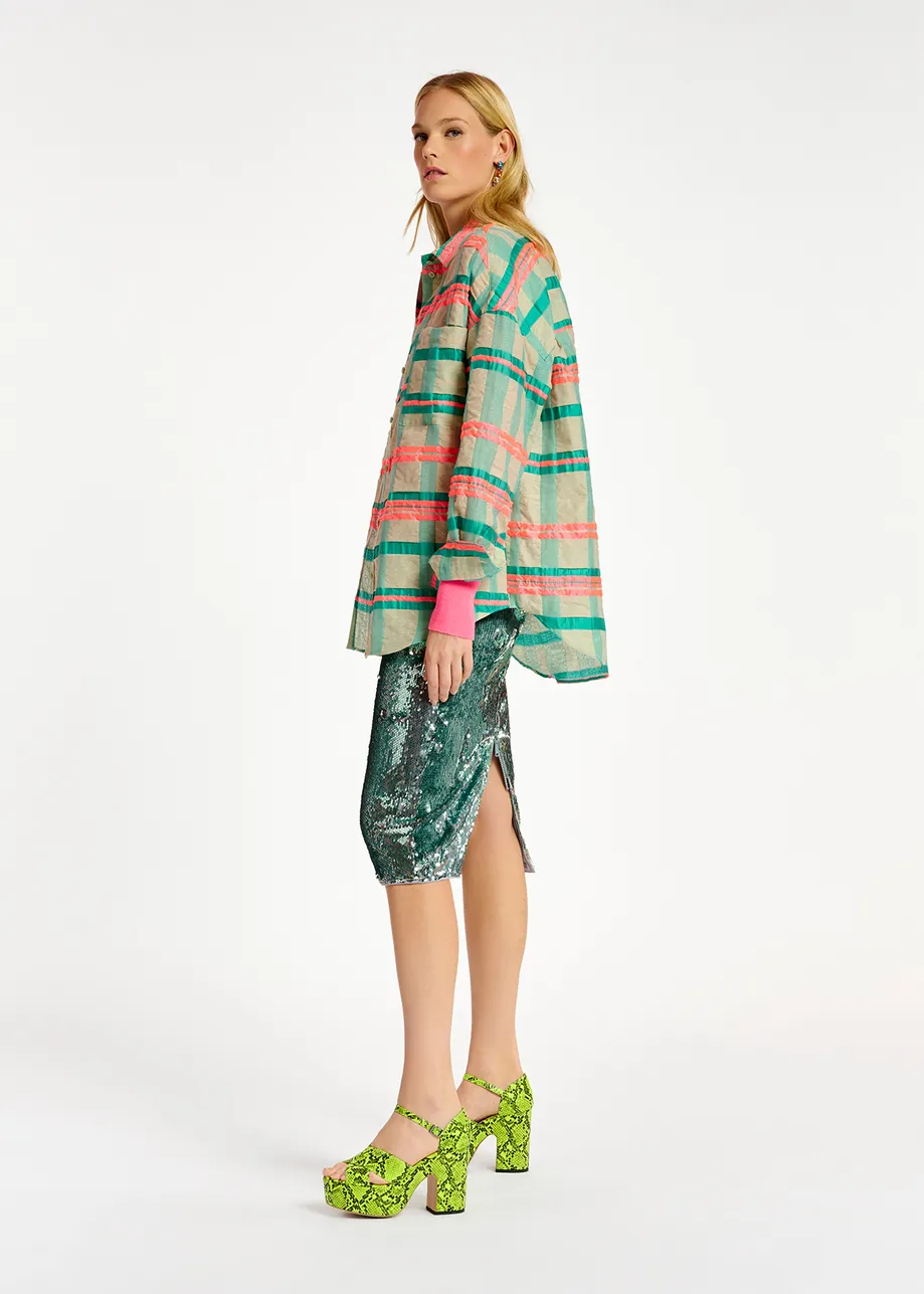 Light blue, turquoise and neon pink oversized shirt with check motif