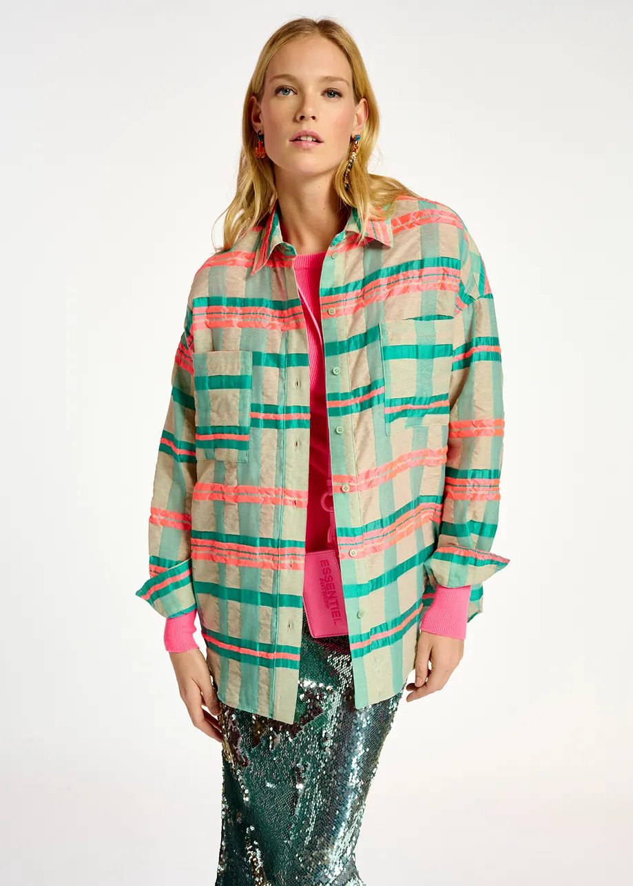 Light blue, turquoise and neon pink oversized shirt with check motif