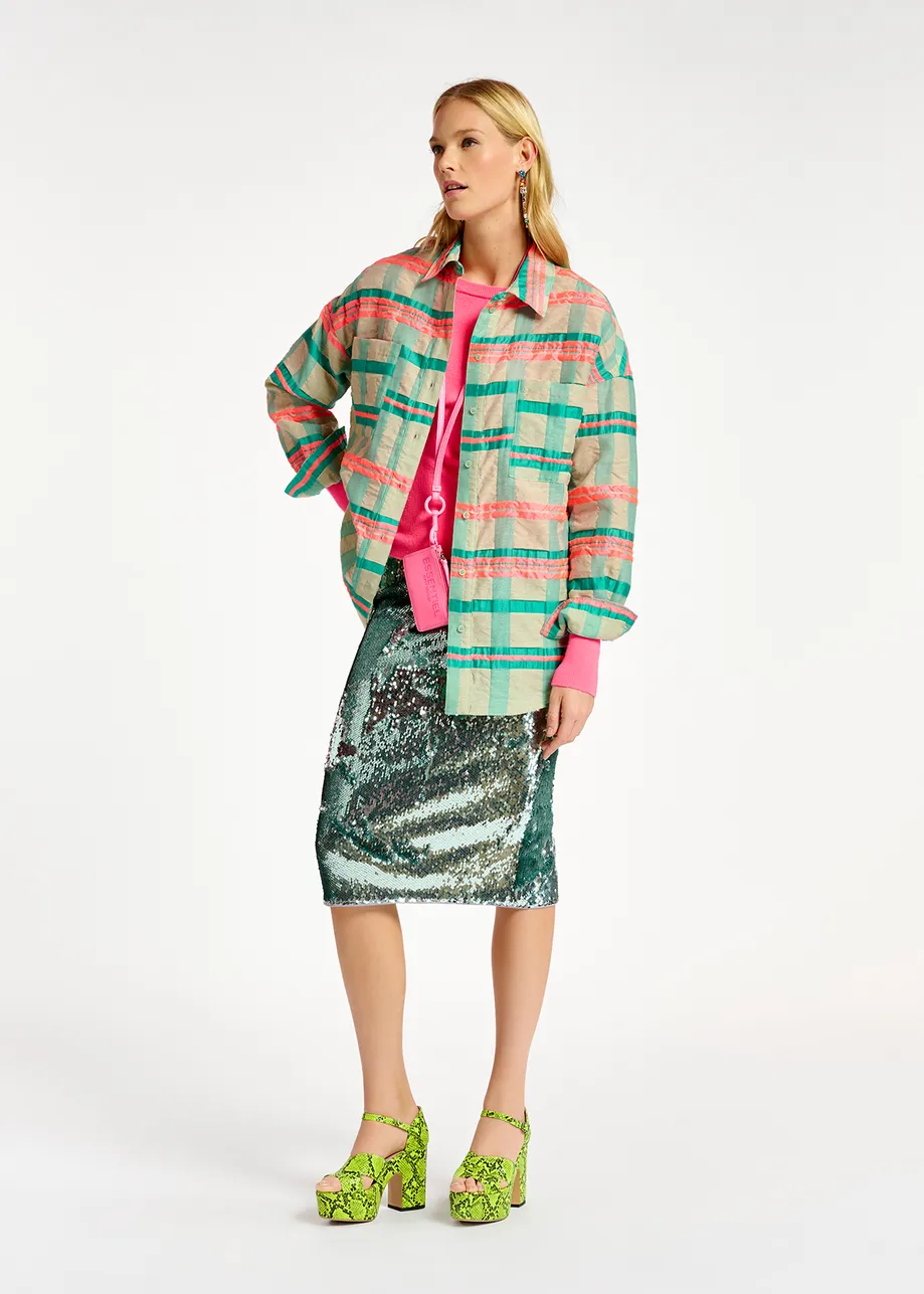 Light blue, turquoise and neon pink oversized shirt with check motif