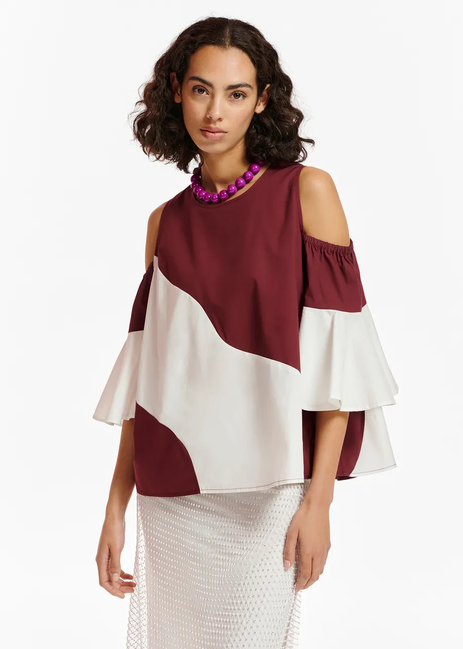 Burgundy and white cotton cotton-poplin top