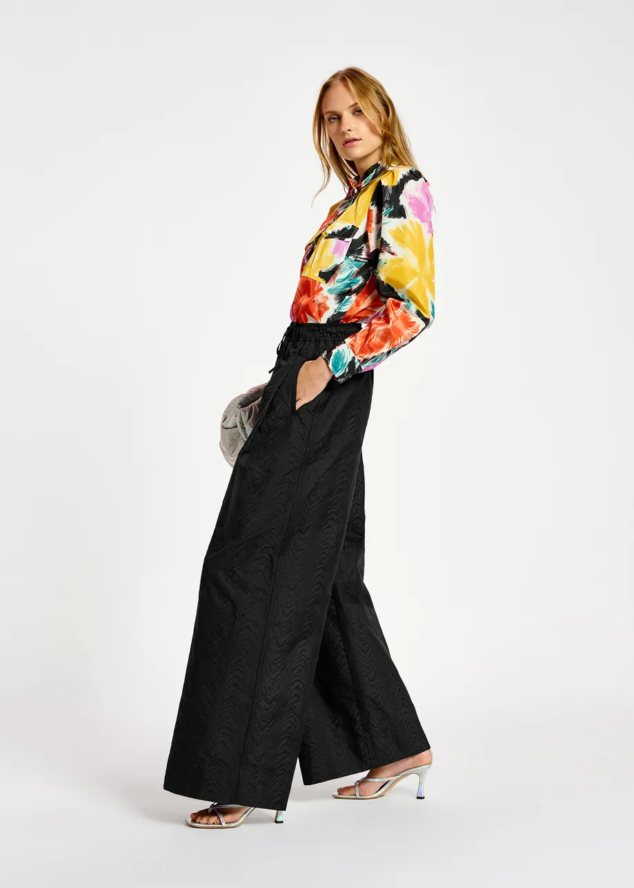 Zwarte jacquard broek met brede pijpen