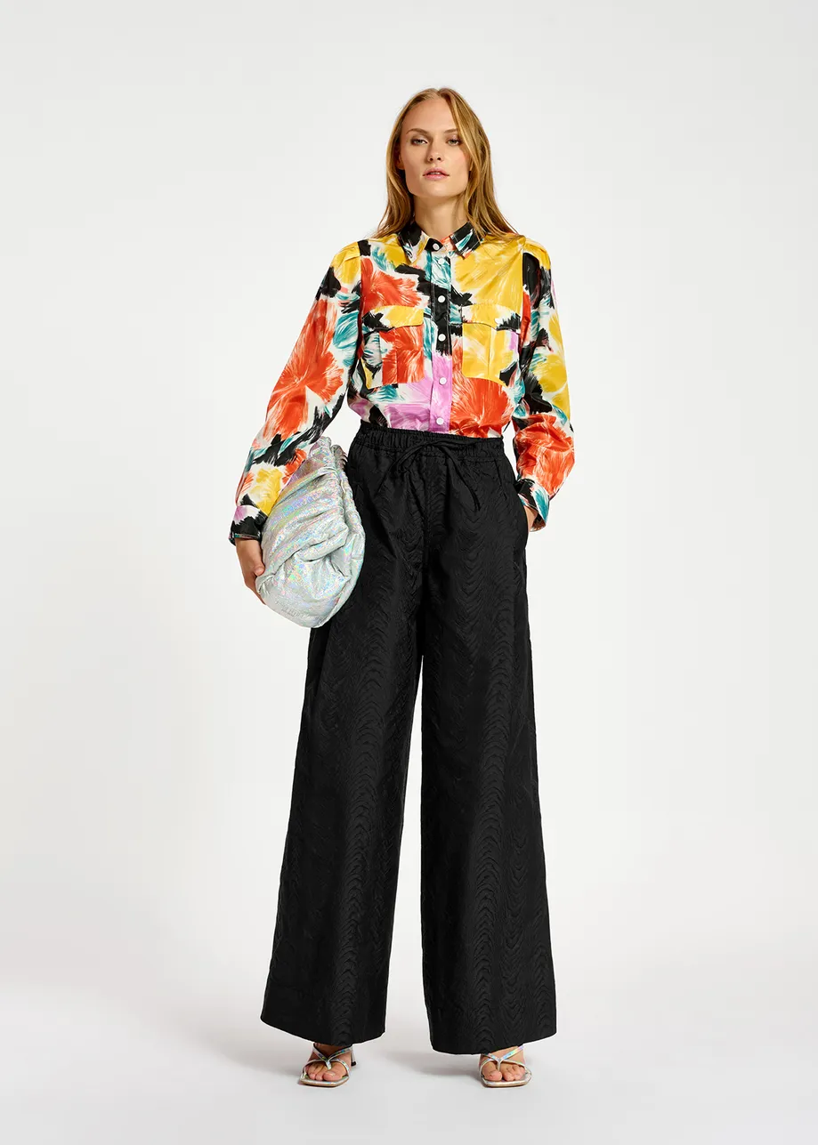 Zwarte jacquard broek met brede pijpen