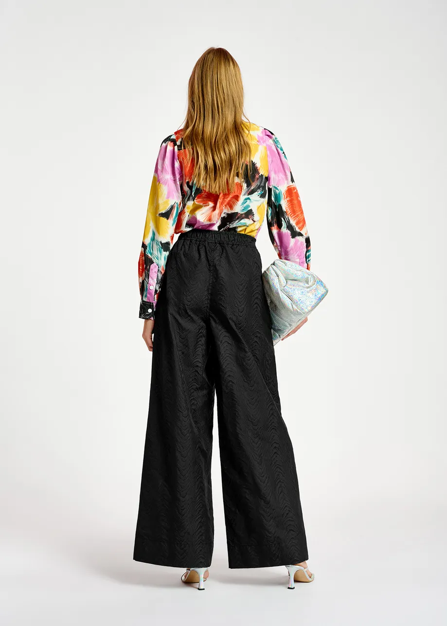 Zwarte jacquard broek met brede pijpen