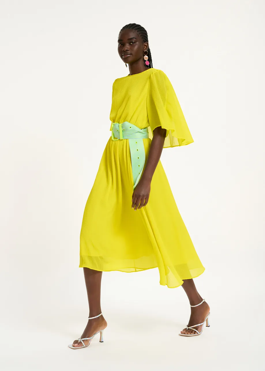 Yellow midi-length dress with cape-effect sleeves