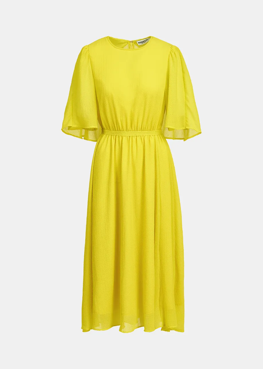 Yellow midi-length dress with cape-effect sleeves