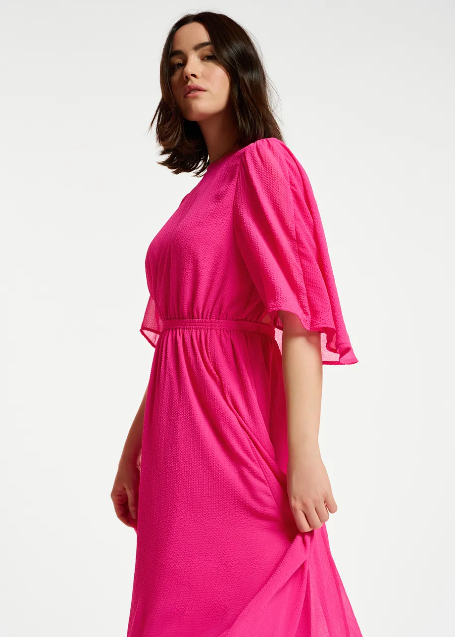Fuchsia midi-length dress with cape-effect sleeves