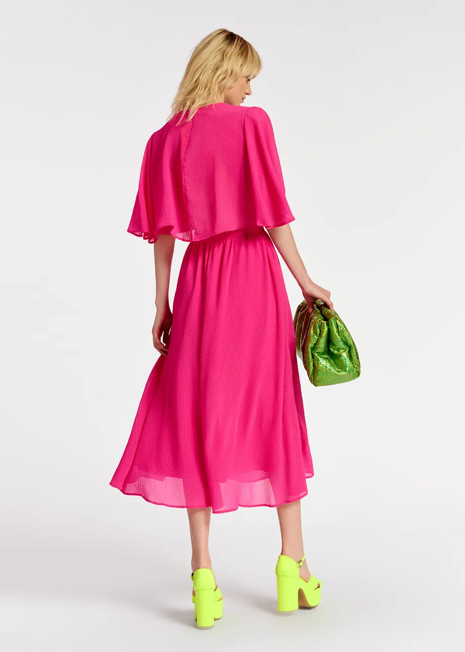 Fuchsia midi-length dress with cape-effect sleeves