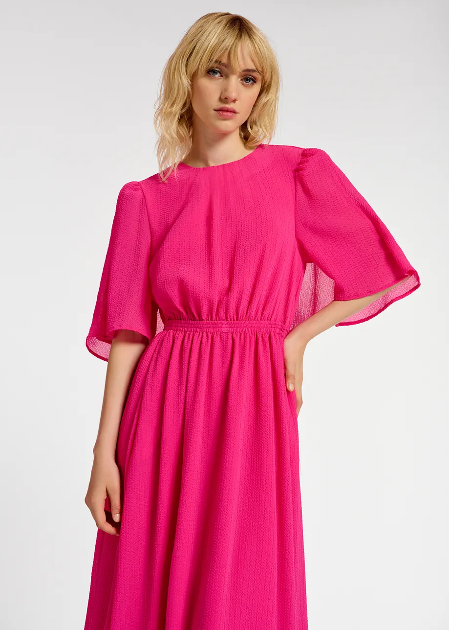 Fuchsia midi-length dress with cape-effect sleeves